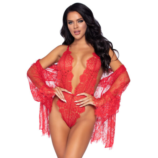 Leg Avenue Floral Lace Teddy and Robe Red Size: Small